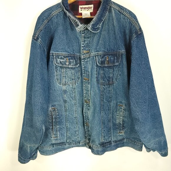 Wrangler Trucker Jacket Men's 4X Blue Denim Button Front Plaid Lined Distressed - Picture 2 of 14